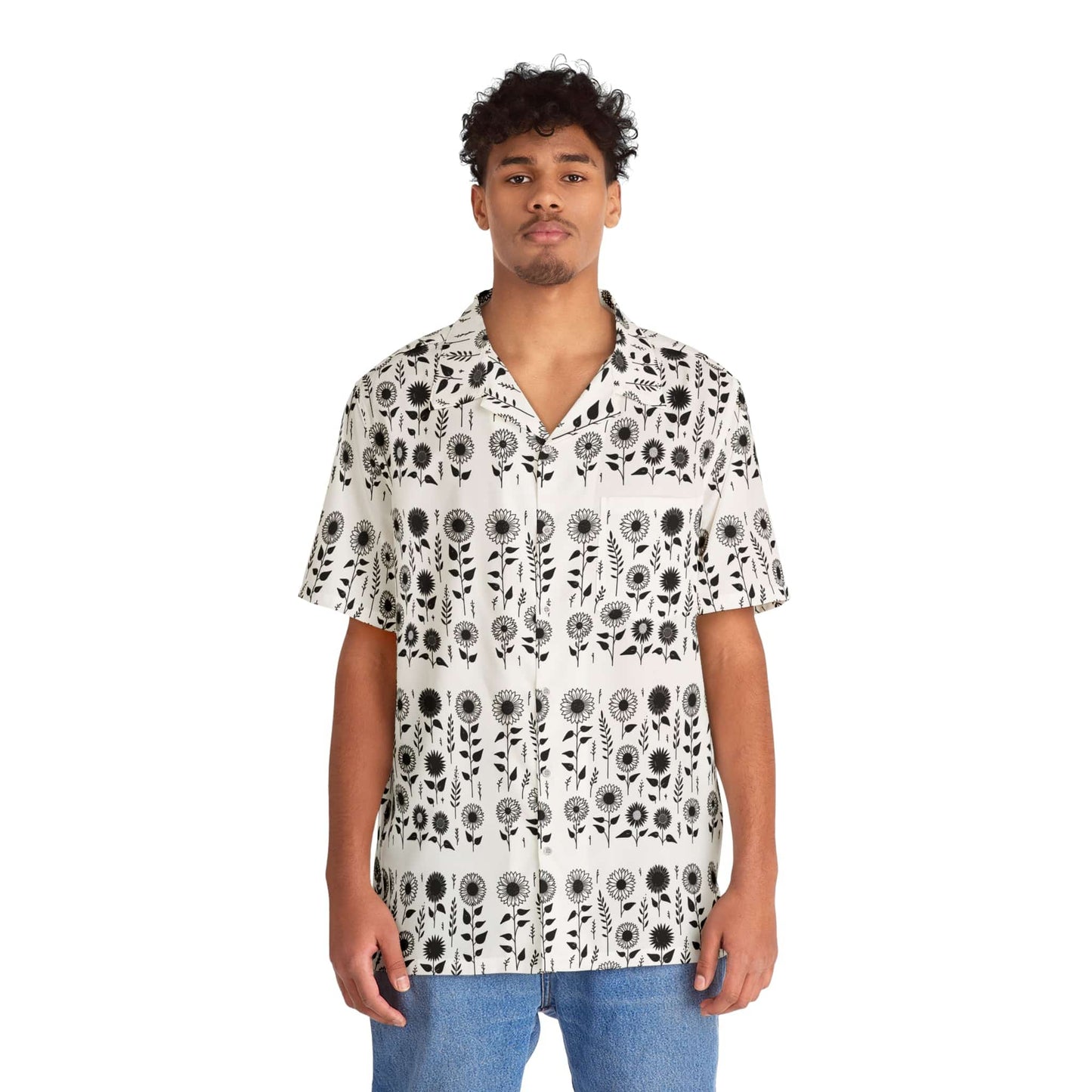 TeeFEVA All Over Prints Men's Hawaiian Shirt | Sunflower | Lite Design | Black on White