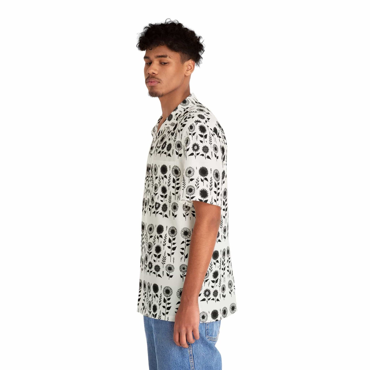 TeeFEVA All Over Prints Men's Hawaiian Shirt | Sunflower | Lite Design | Black on White