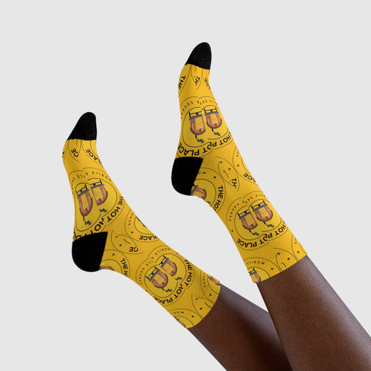 TeeFEVA All Over Prints Yellow Logo Crew Socks — 'The Hot Place' Novelty Sublimation Socks