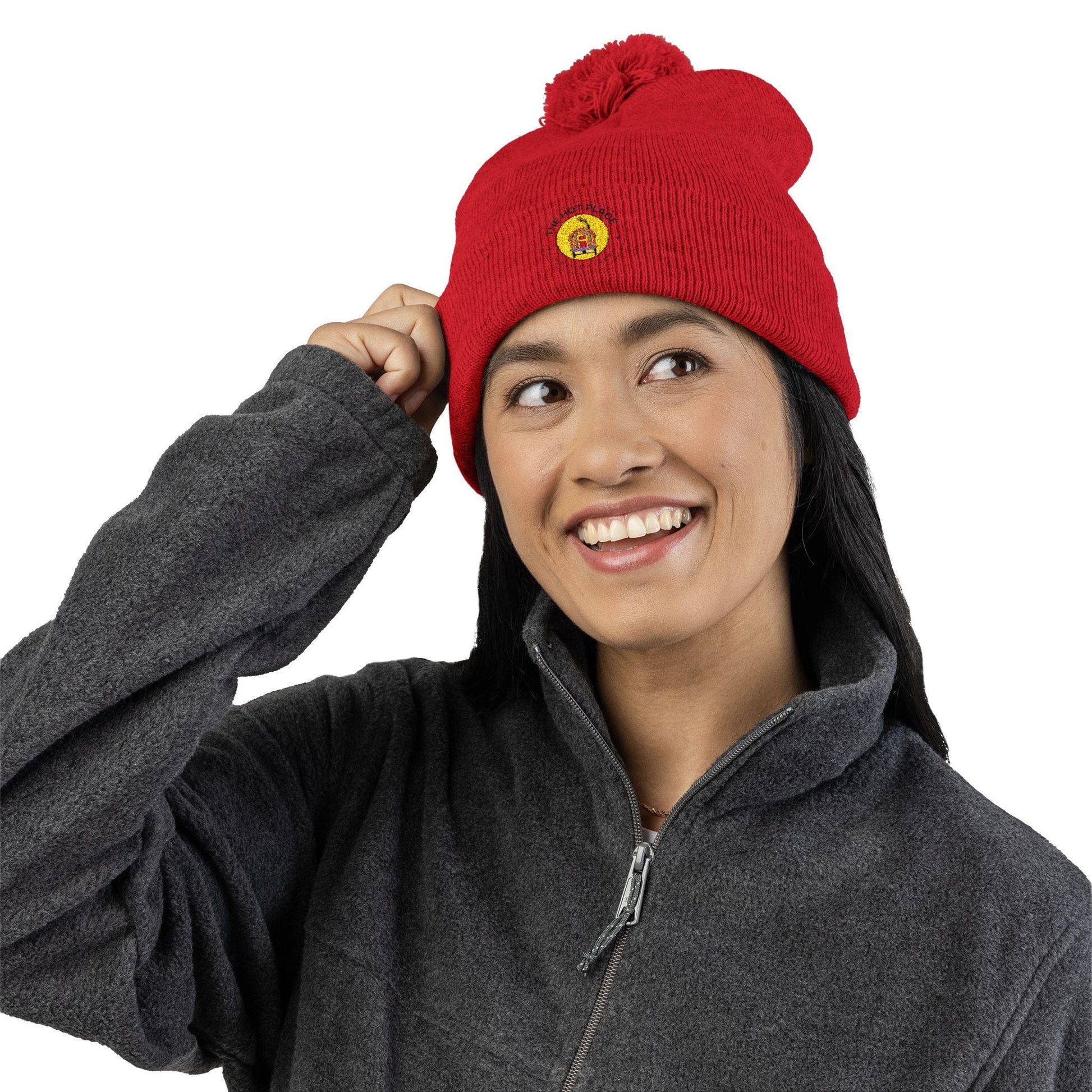 TeeFEVA Hats The Hot Place - Embroidered Pom-Pom Knit Cap — Cozy Beanie with Gold Crest Embroidery