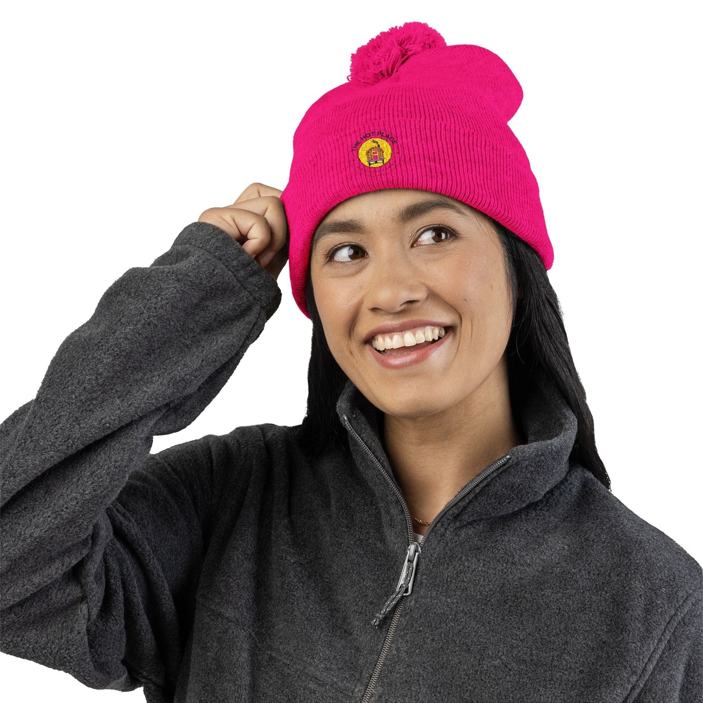 TeeFEVA Hats The Hot Place - Embroidered Pom-Pom Knit Cap — Cozy Beanie with Gold Crest Embroidery