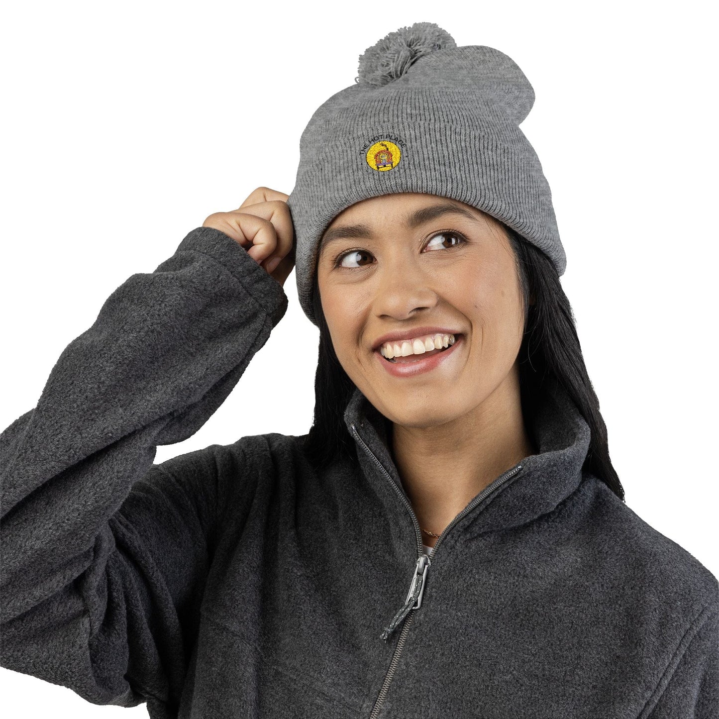 TeeFEVA Hats The Hot Place - Embroidered Pom-Pom Knit Cap — Cozy Beanie with Gold Crest Embroidery