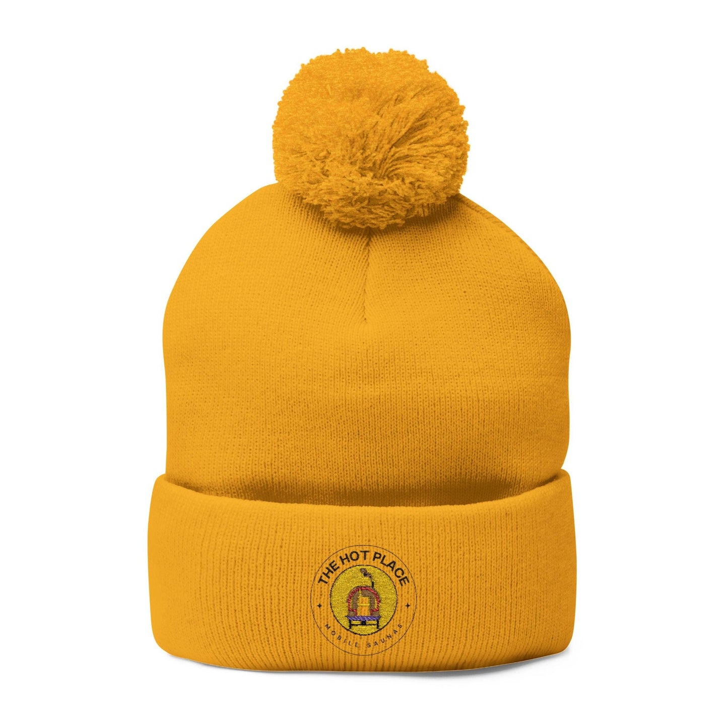 TeeFEVA Hats The Hot Place - Embroidered Pom-Pom Knit Cap — Cozy Beanie with Gold Crest Embroidery