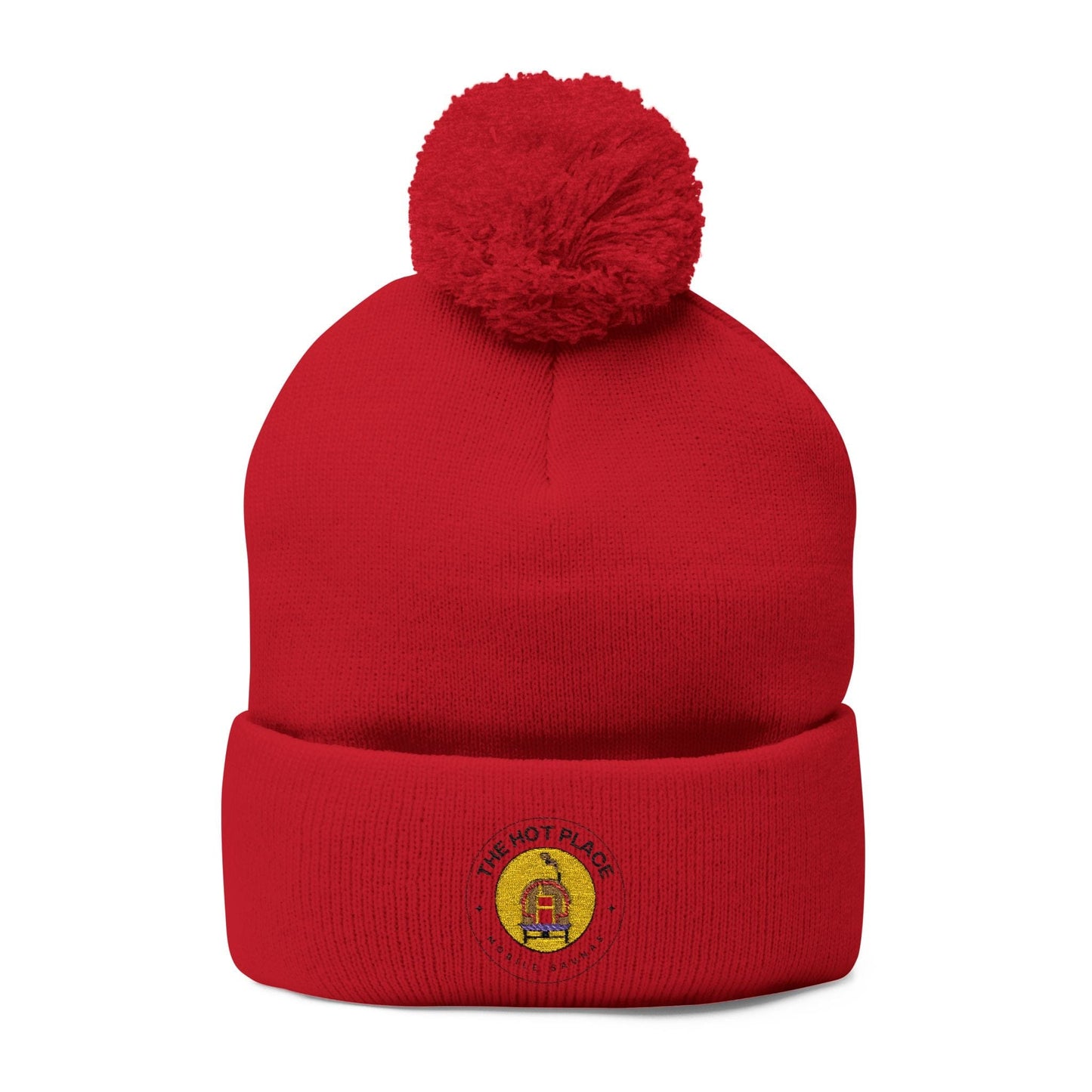 TeeFEVA Hats The Hot Place - Embroidered Pom-Pom Knit Cap — Cozy Beanie with Gold Crest Embroidery
