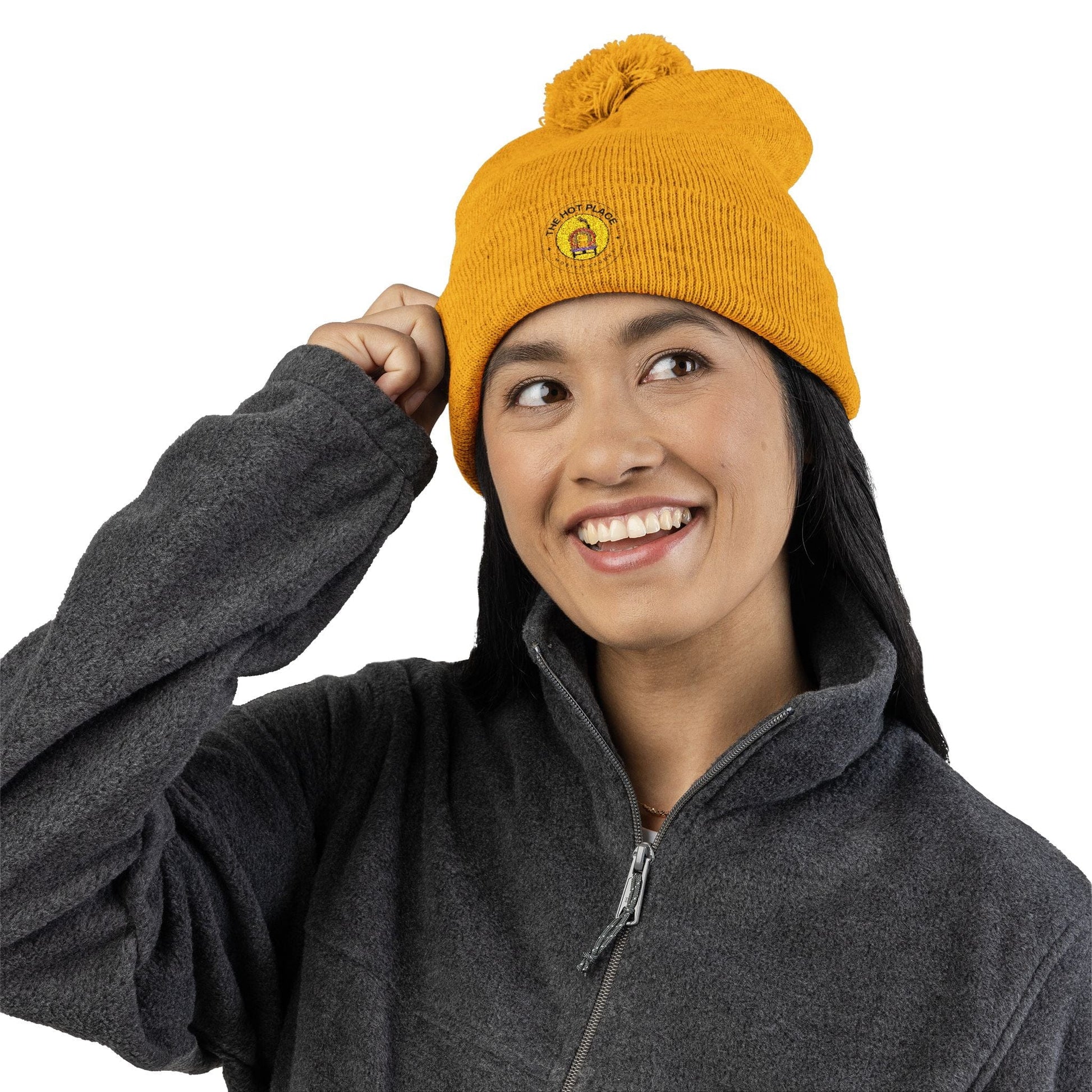 TeeFEVA Hats The Hot Place - Embroidered Pom-Pom Knit Cap — Cozy Beanie with Gold Crest Embroidery