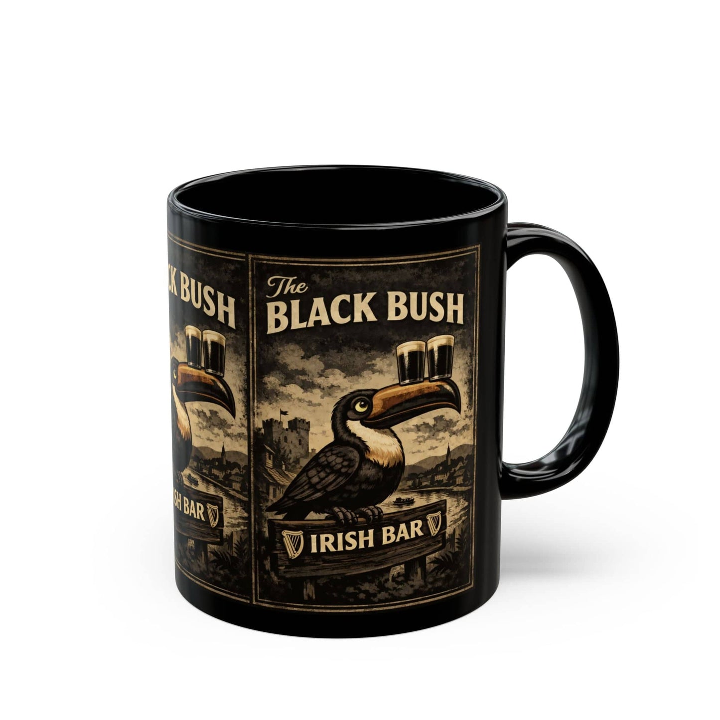 TeeFEVA Mug Irish Bar Mug — "The Black Bush" Vintage Pub Coffee Cup (11oz/15oz)