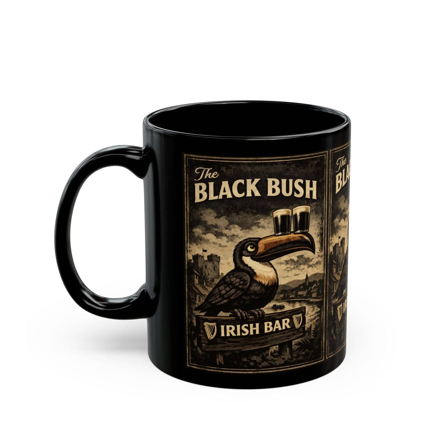 TeeFEVA Mug Irish Bar Mug — "The Black Bush" Vintage Pub Coffee Cup (11oz/15oz)