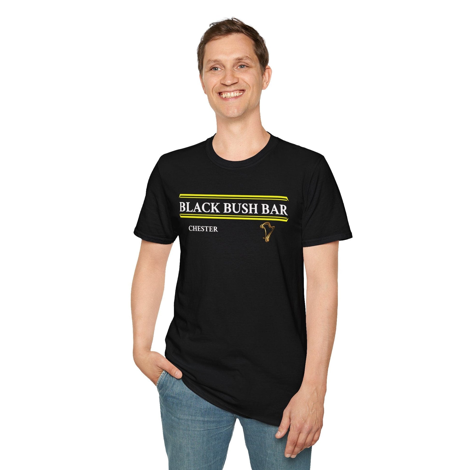 TeeFEVA T-Shirt Black Bush Irish Bar Chester — BLACK BUSH BAR - Front & Back Print