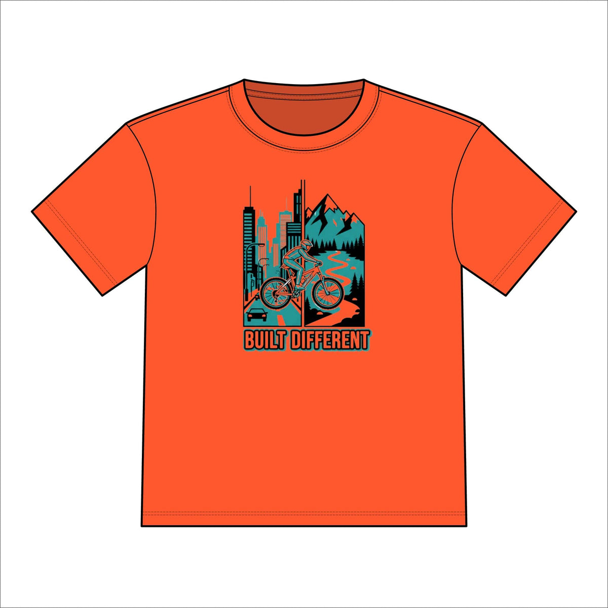 TeeFEVA T-Shirt Built Different Mountain Bike Tee — Orange Camo Outdoor Cycling Shirt