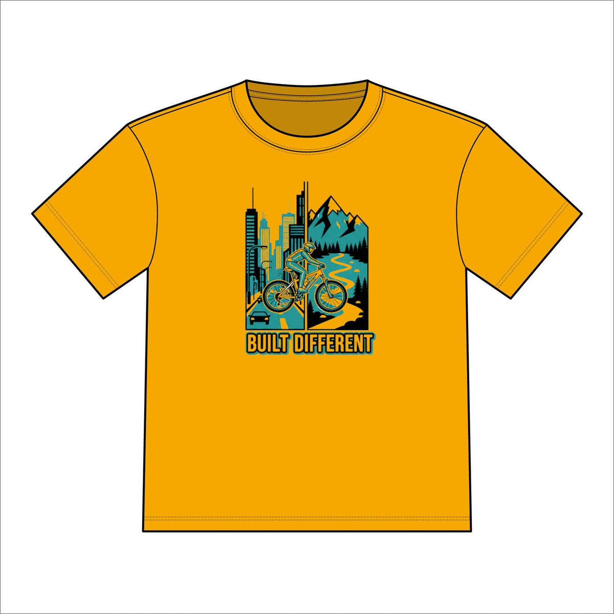 TeeFEVA T-Shirt Built Different Mountain Bike Tee — Orange Camo Outdoor Cycling Shirt