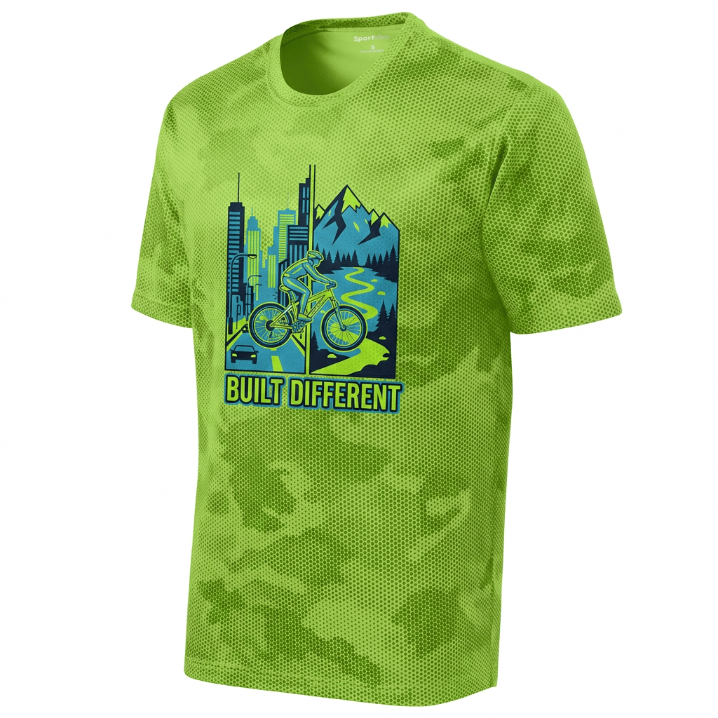 TeeFEVA T-Shirt Built Different Mountain Bike Tee — Orange Camo Outdoor Cycling Shirt