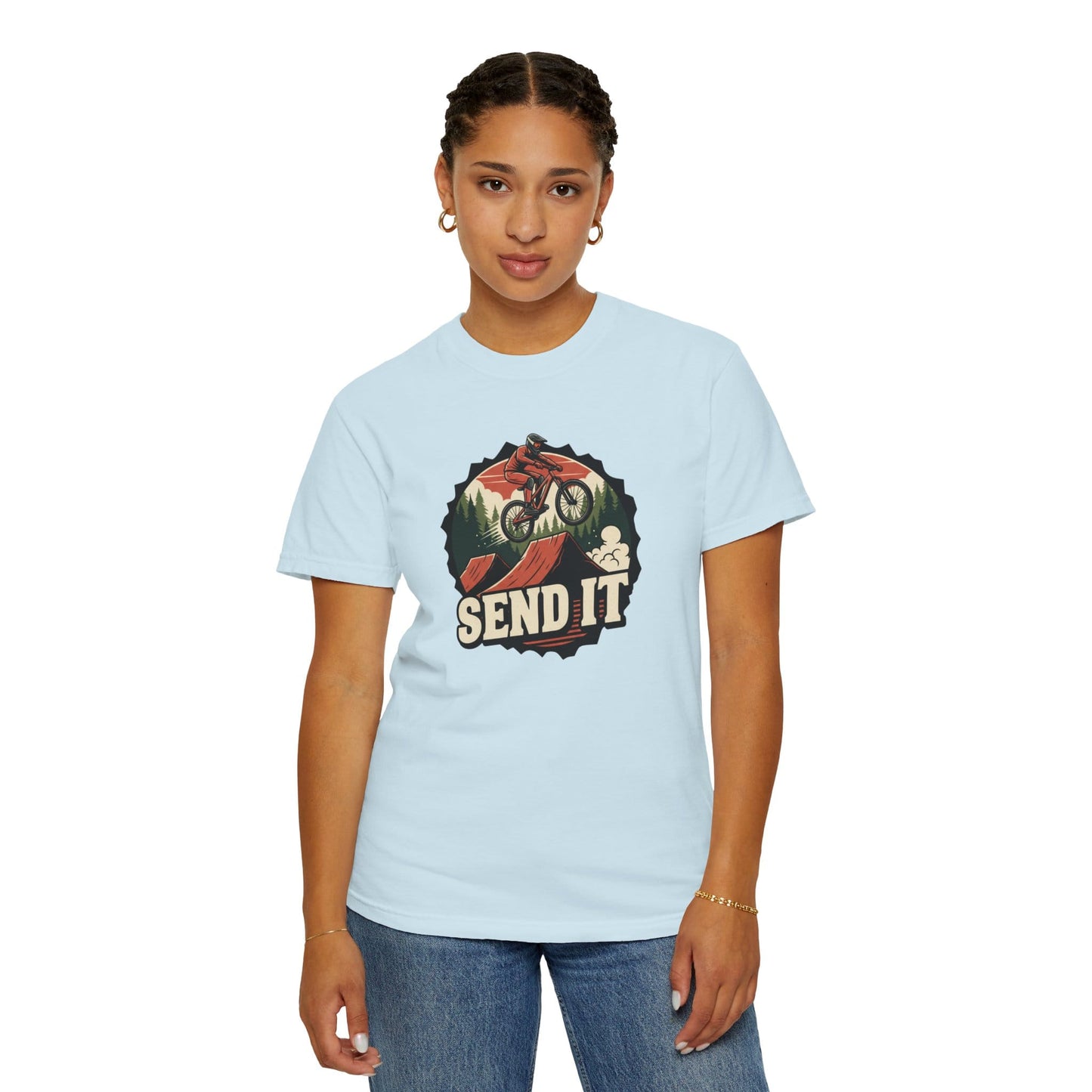 TeeFEVA T-Shirt "Send It" - Mountain Bike T-Shirt — Cog Layout - Vintage MTB Graphic Tee for Mountain Bikers Everywhere