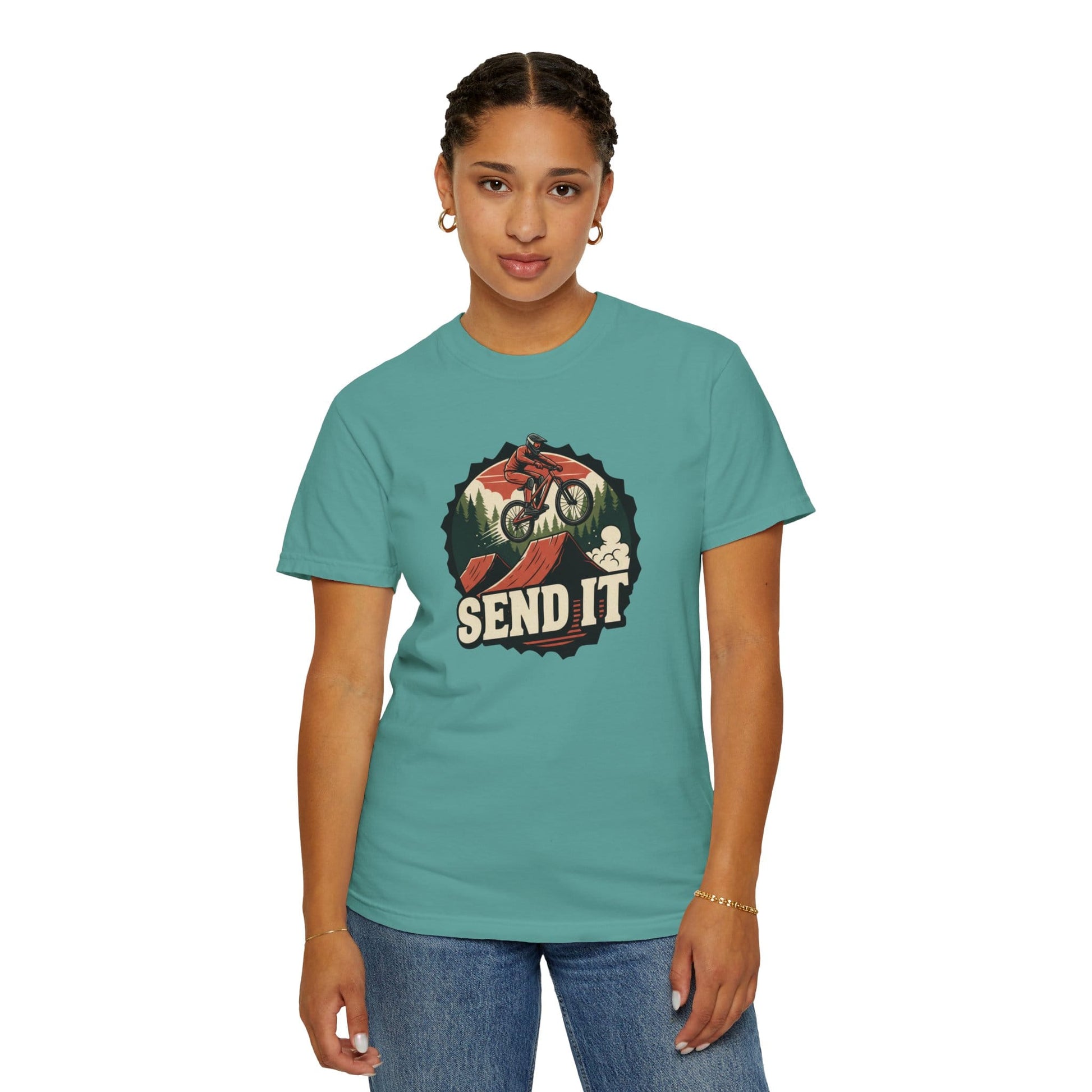 TeeFEVA T-Shirt "Send It" - Mountain Bike T-Shirt — Cog Layout - Vintage MTB Graphic Tee for Mountain Bikers Everywhere
