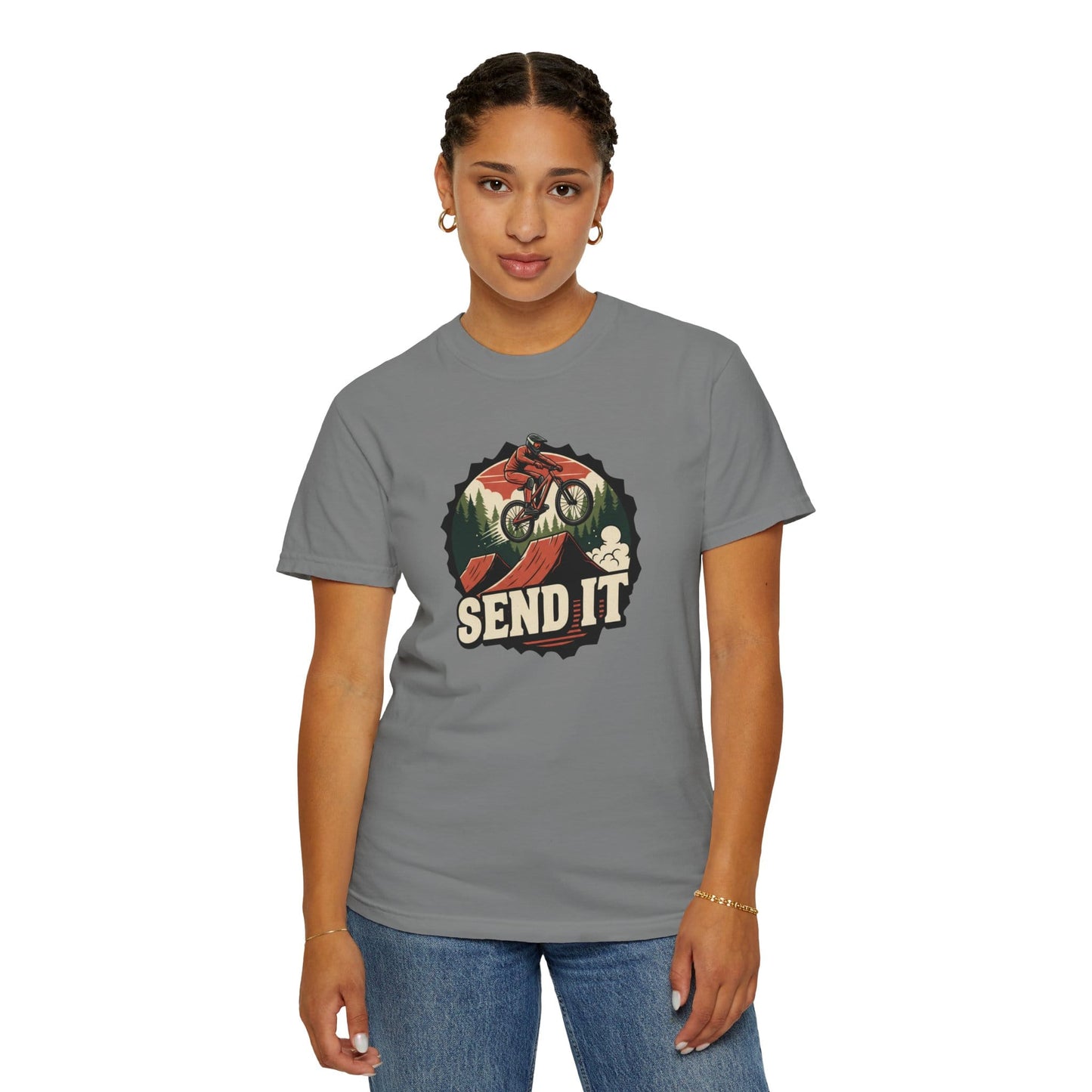 TeeFEVA T-Shirt "Send It" - Mountain Bike T-Shirt — Cog Layout - Vintage MTB Graphic Tee for Mountain Bikers Everywhere
