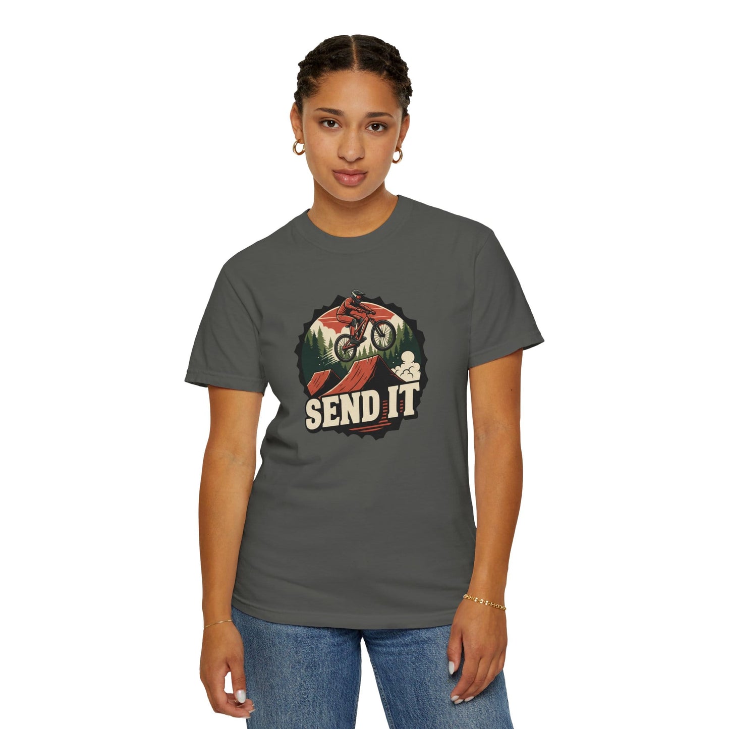 TeeFEVA T-Shirt "Send It" - Mountain Bike T-Shirt — Cog Layout - Vintage MTB Graphic Tee for Mountain Bikers Everywhere