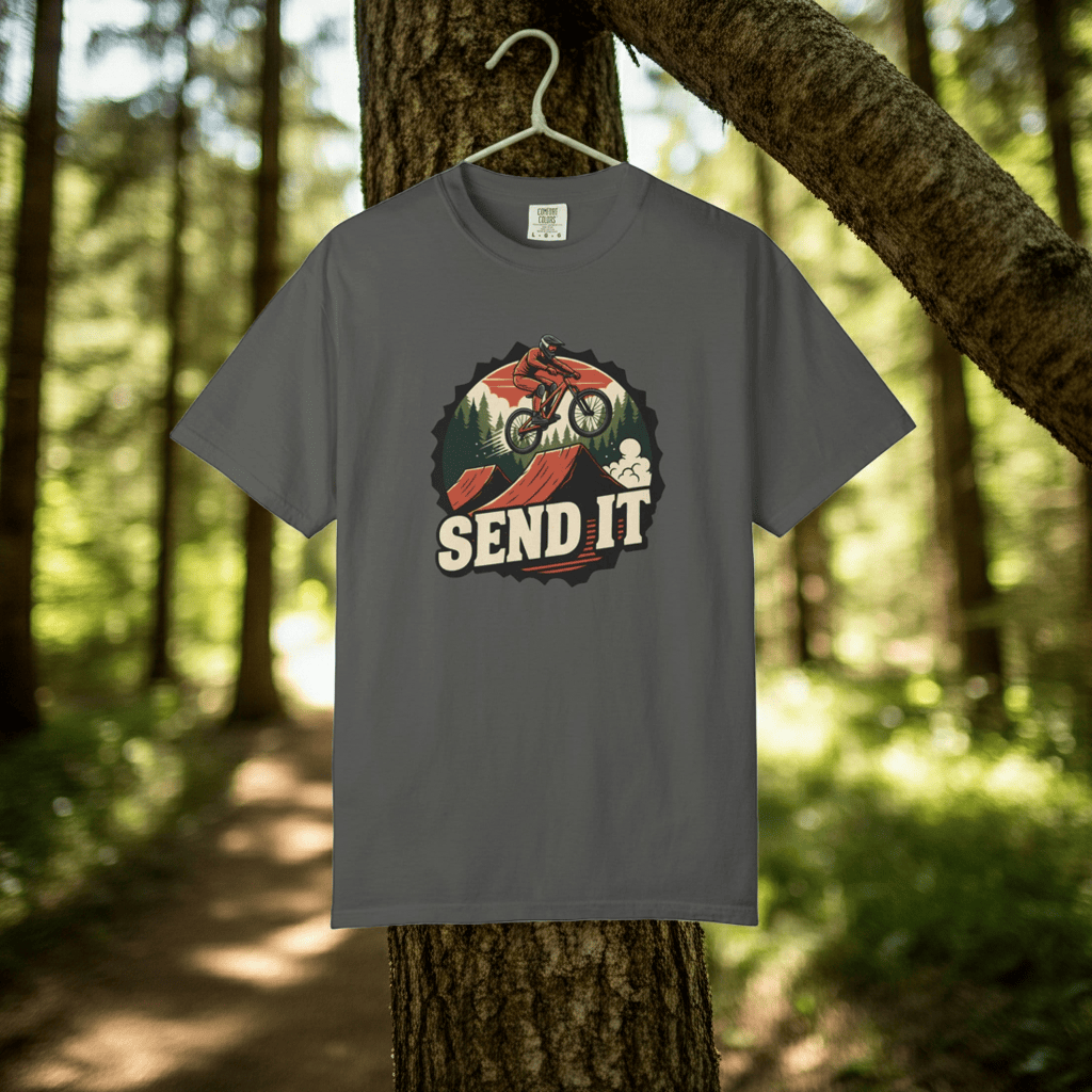 TeeFEVA T-Shirt "Send It" - Mountain Bike T-Shirt — Cog Layout - Vintage MTB Graphic Tee for Mountain Bikers Everywhere