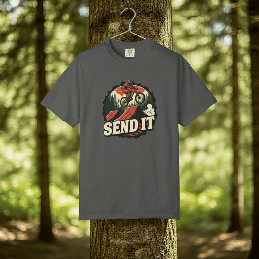 TeeFEVA T-Shirt "Send It" - Mountain Bike T-Shirt — Cog Layout - Vintage MTB Graphic Tee for Mountain Bikers Everywhere